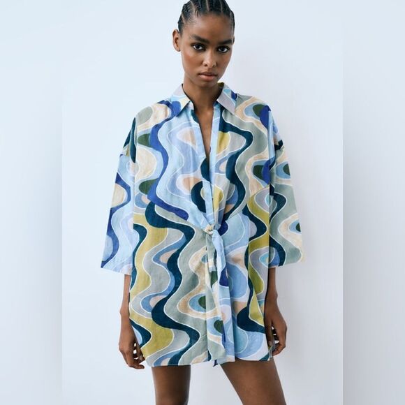 ZARA PRINTED LONGLINE BLOUSE - Picture 3 of 10